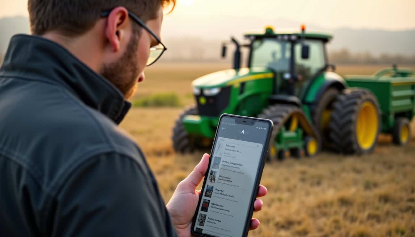 Agriculteur consultant une annonce de vente de moissonneuse batteuse John Deere T660 HM sur un ordinateur portable