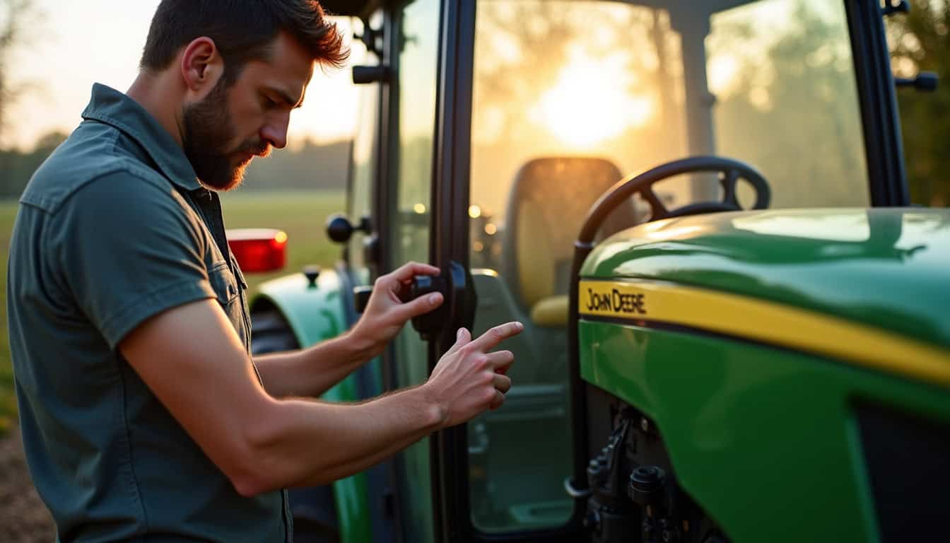 Agriculteur en combinaison inspectant le moteur et le système de transmission d