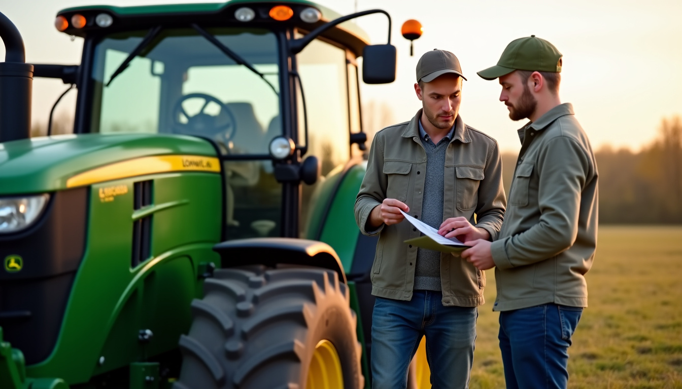 Agriculteur en train d’inspecter une moissonneuse-batteuse John Deere C670 avec un expert mécanique