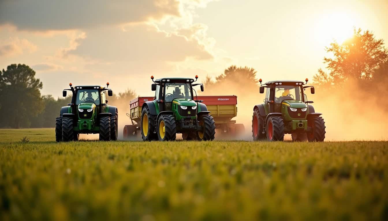 Comparaison en champ de plusieurs moissonneuses batteuses dont une John Deere T660 HM, une CLAAS Lexion 750 et une New Holland CR10.90