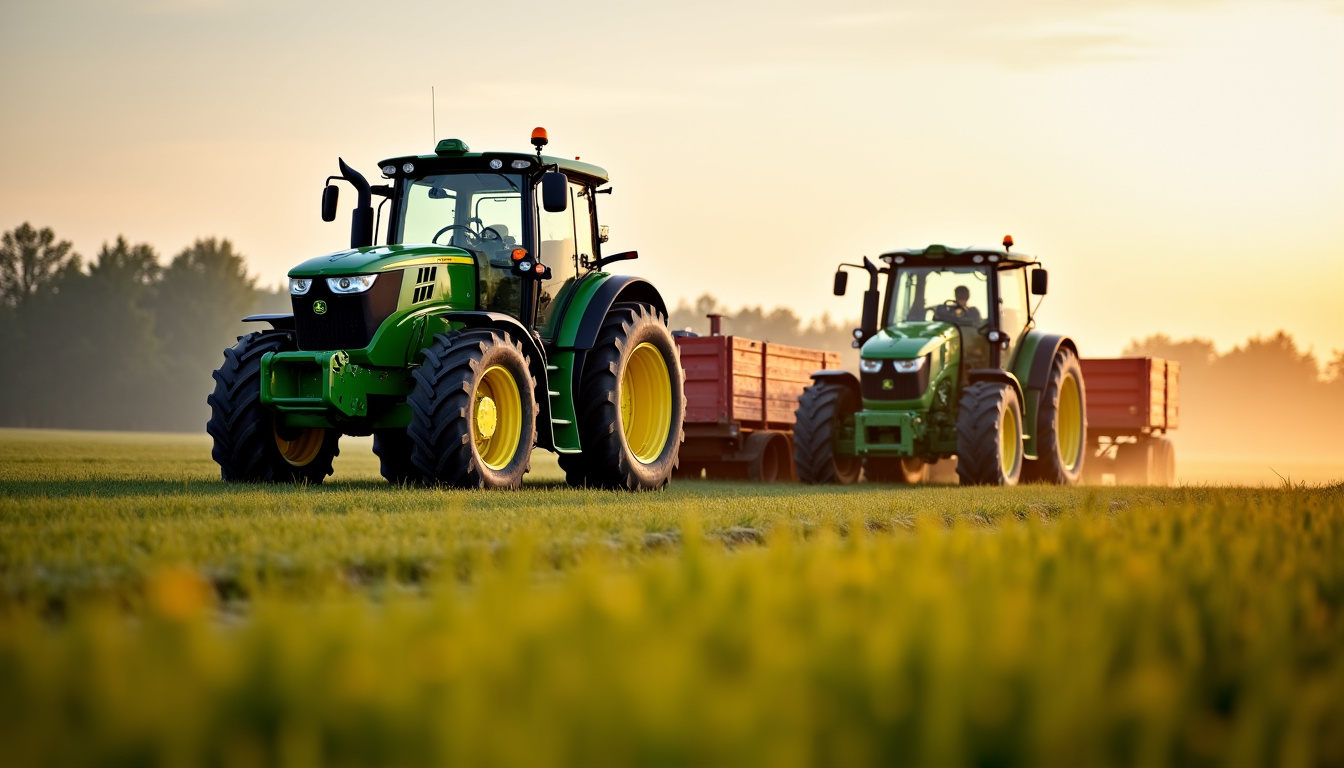 Comparaison visuelle entre une John Deere T 560 HM et un modèle plus récent de moissonneuse-batteuse John Deere, mettant en évidence les évolutions technologiques