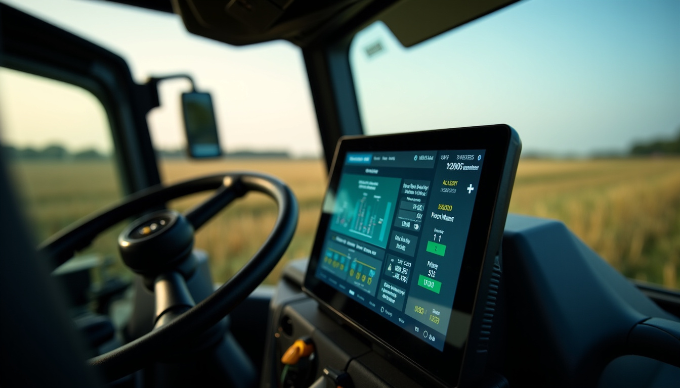 Écran couleur CEBIS de la Claas Tucano 570 affichant les données de récolte en temps réel: débit, rendement, régime moteur
