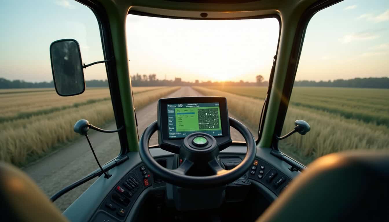 Intérieur de la cabine de la John Deere S680 avec écran tactile et commandes ergonomiques