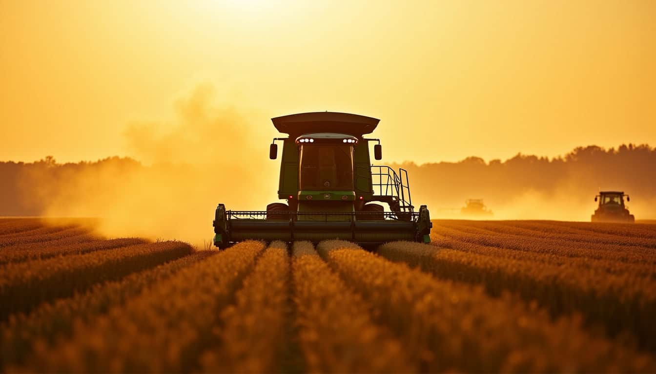 John Deere S680 en pleine récolte dans un champ de céréales