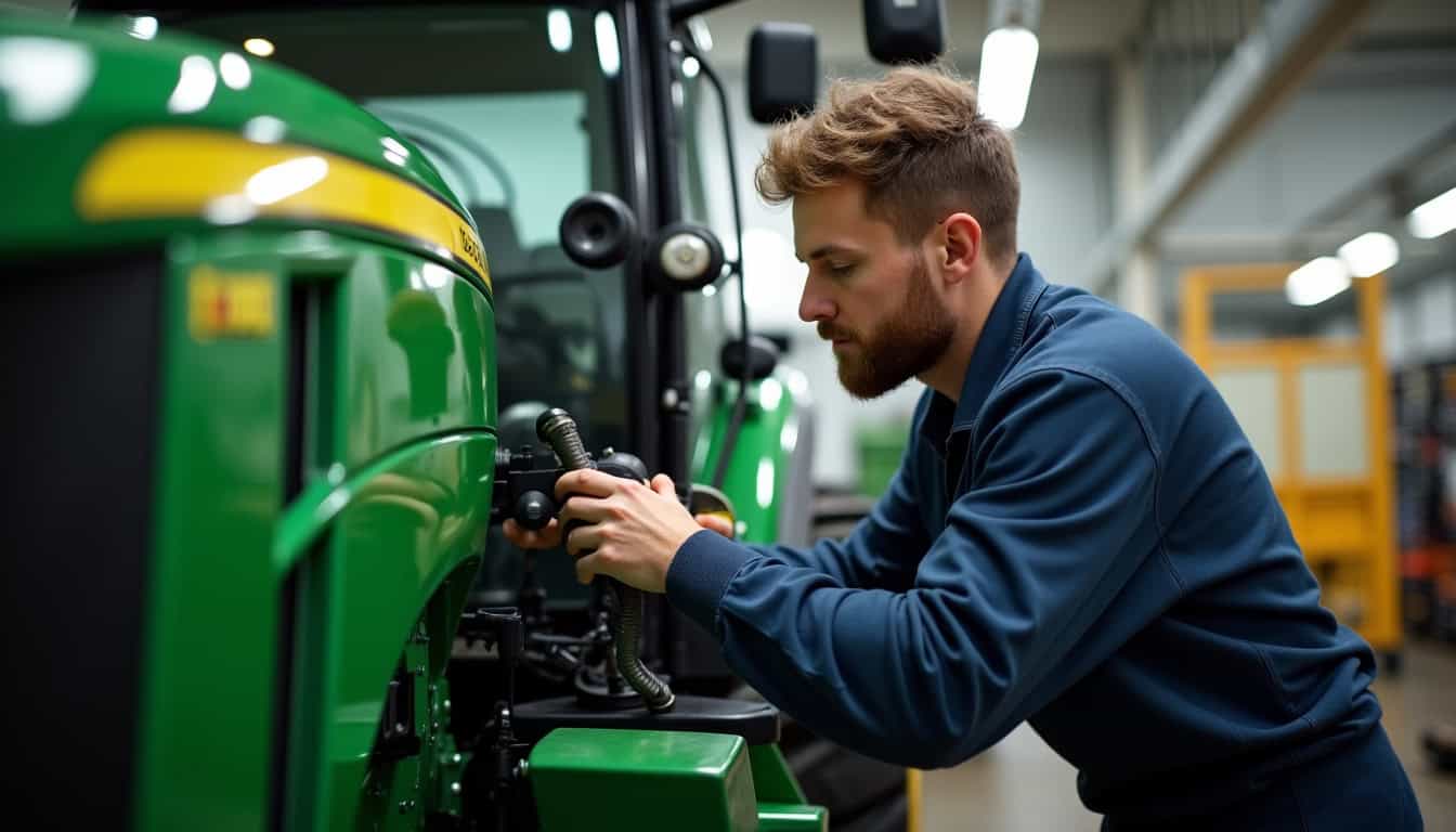 Mécanicien en train de réparer une pièce sur une moissonneuse-batteuse John Deere C 670