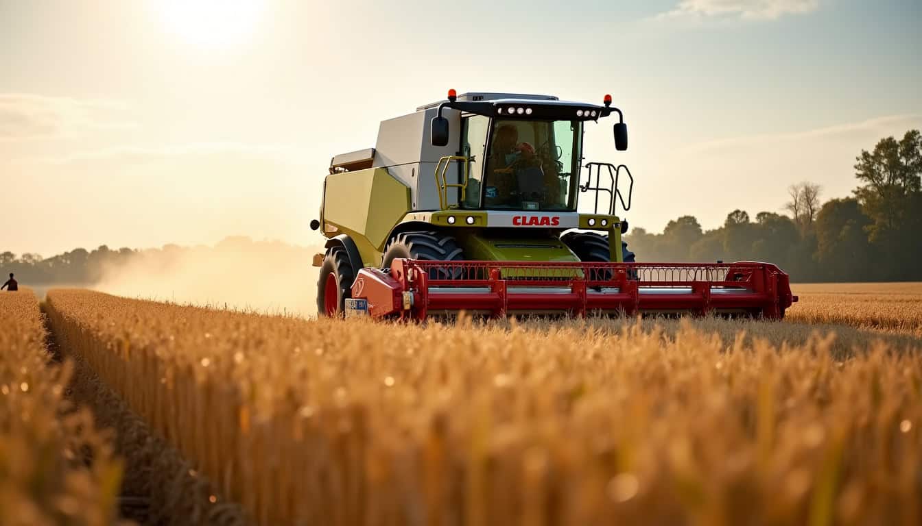 Moissonneuse-batteuse Claas Lexion 740 en action dans un champ, avec des épis de maïs et une large barre de coupe déployée
