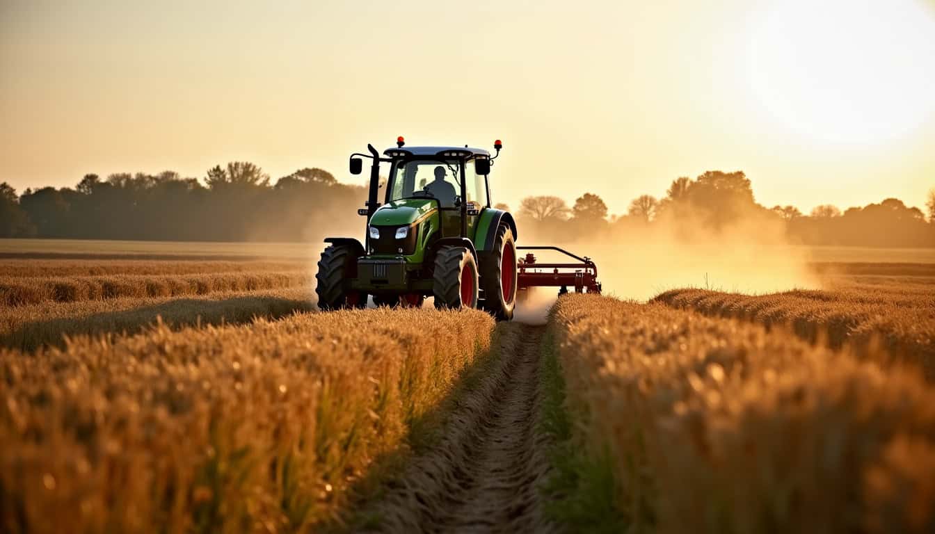 Moissonneuse-batteuse Laverda M 300 MCS vue de côté dans un champ en activité, montrant la cabine, la barre de coupe et les roues motrices