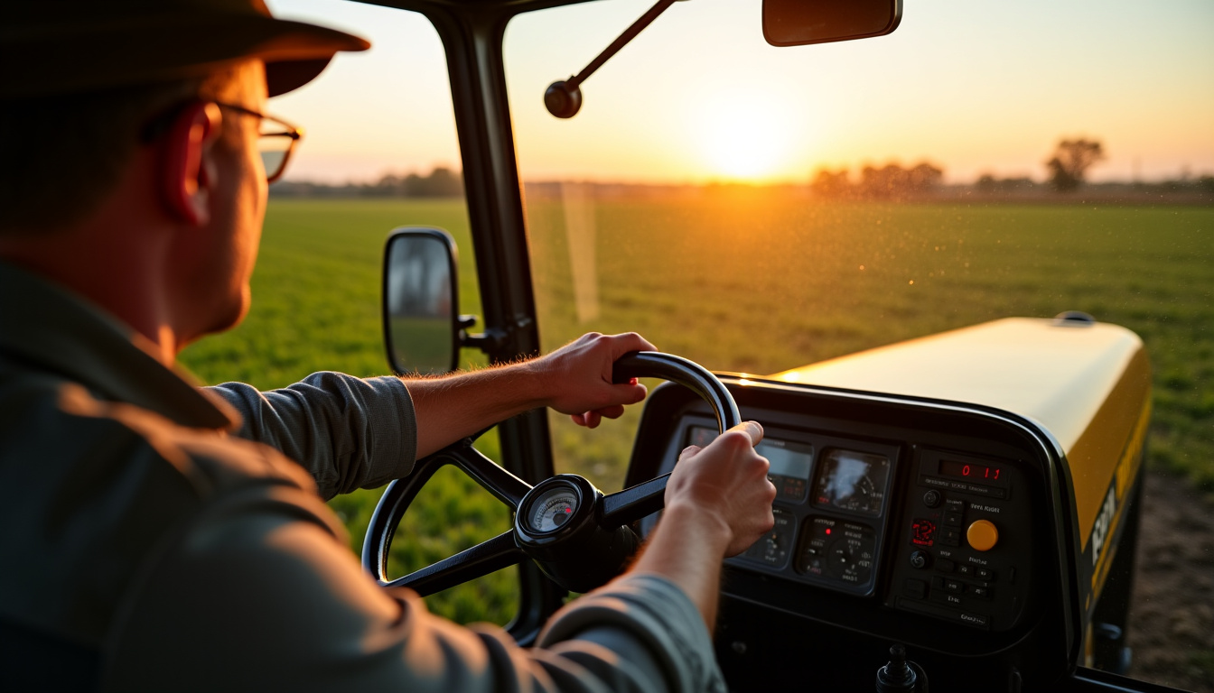 Opérateur dans la cabine de la New Holland TC 5.90, en train de surveiller les réglages sur l