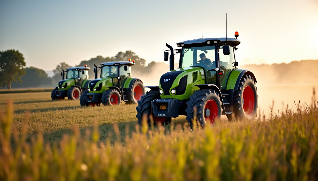 Parc de machines agricoles avec plusieurs Claas Lexion 540 alignées, prêtent pour la moisson