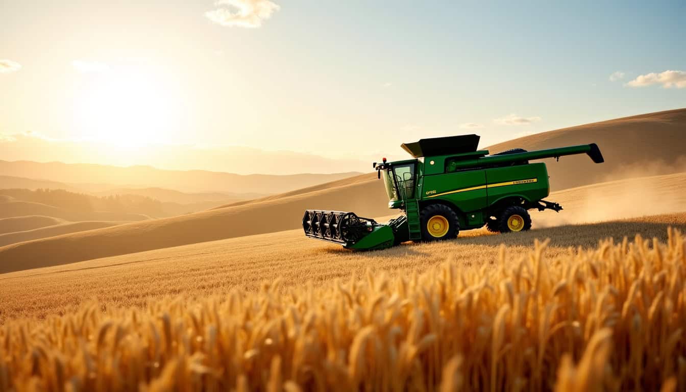 Moissonneuse-batteuse John Deere T 560 HM en action sur un terrain vallonné, illustrant la stabilité du système HillMaster