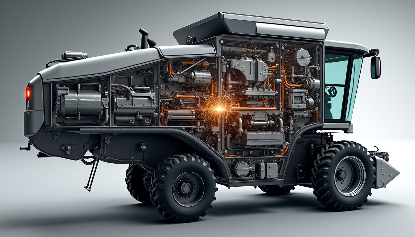 Vue technique détaillée de la moissonneuse-batteuse New Holland CX 7090 montrant les composants moteur, batteur et cabine