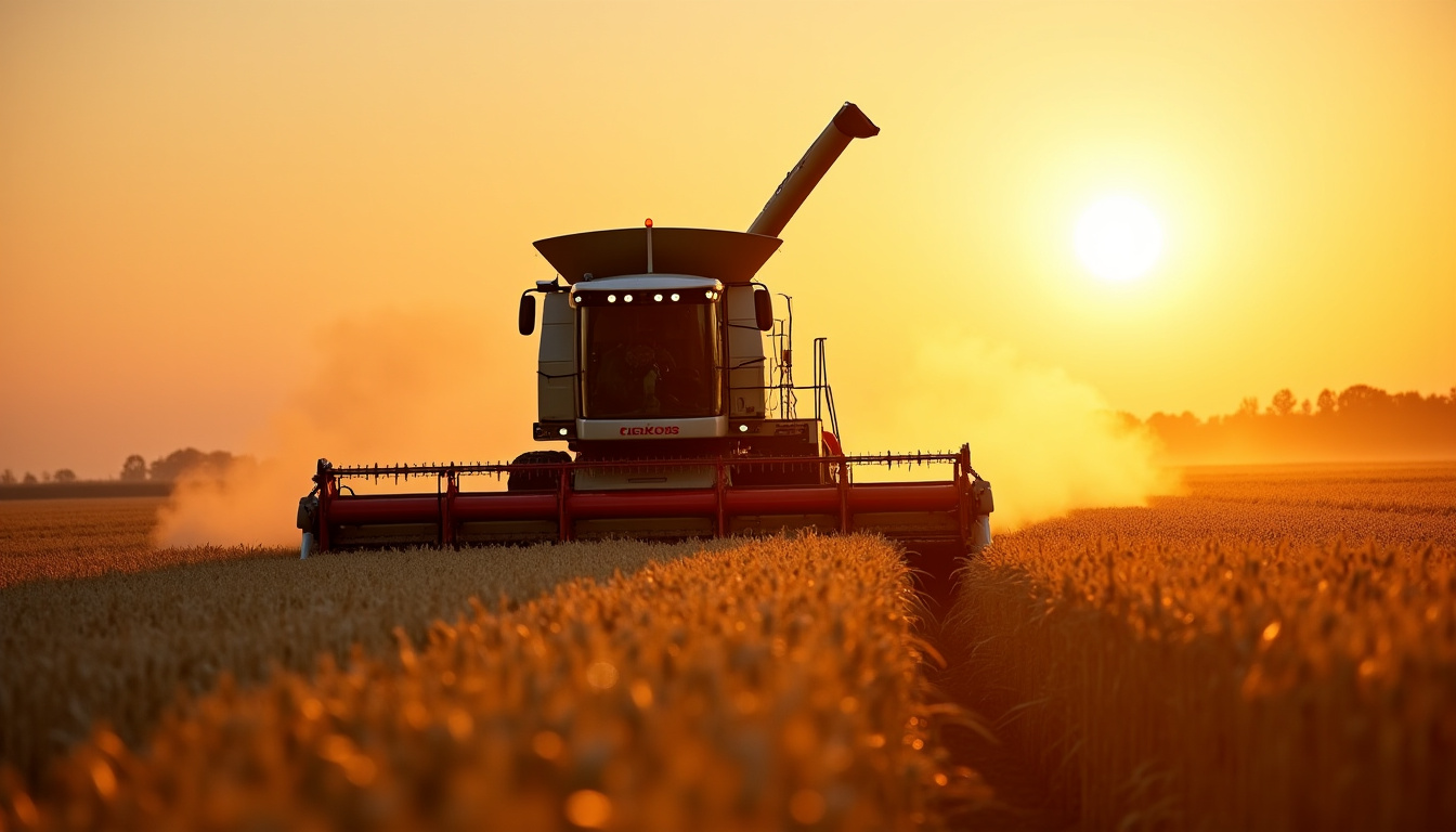 Claas Lexion 600 en pleine récolte de blé, avec barre de coupe ouverte et éparpilleur en action sur un champ de céréales