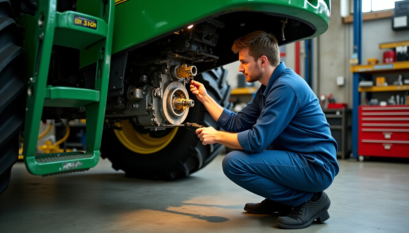 Inspecteur vérifiant les composants mécaniques d'une moissonneuse batteuse John Deere T660 HM en vue arrière