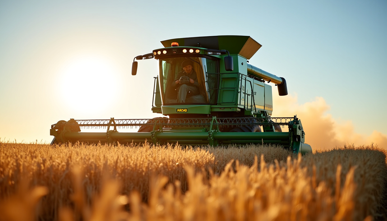 Moissonneuse-batteuse Laverda M 300 MCS vue de côté dans un champ en activité, montrant la cabine, la barre de coupe et les roues motrices