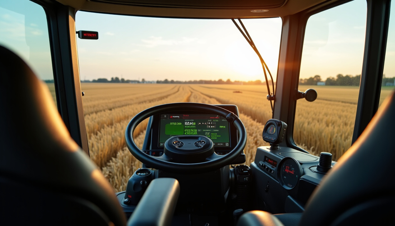 Intérieur de la cabine de la moissonneuse John Deere C 670 avec moniteur GreenStar et siège pneumatique