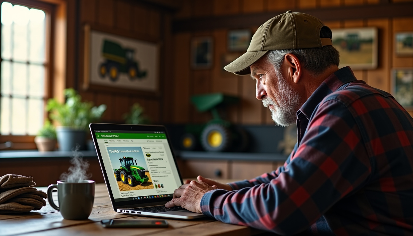 Agriculteur consultant une annonce de vente de moissonneuse batteuse John Deere T660 HM sur un ordinateur portable