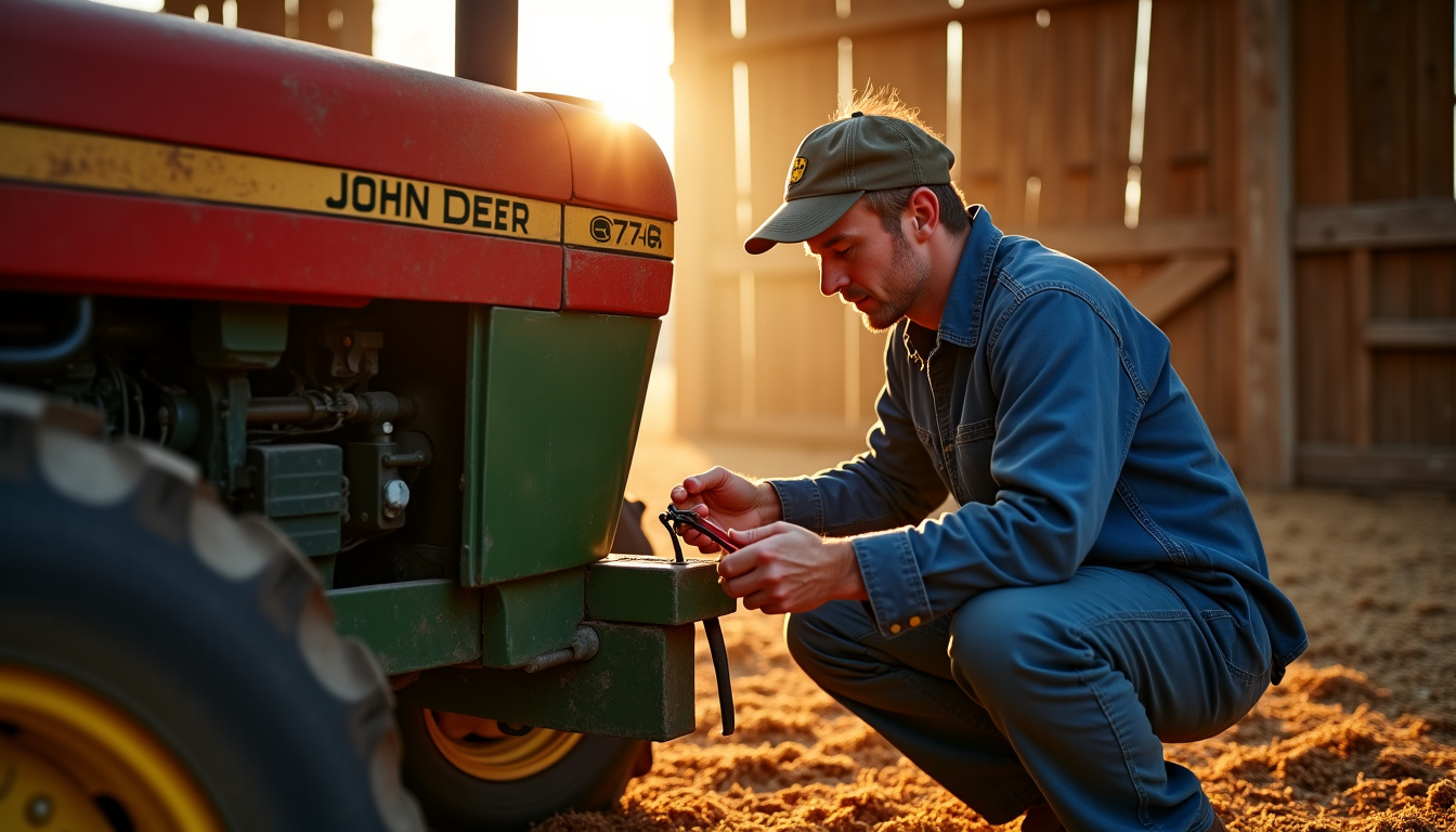 Agriculteur en combinaison inspectant le moteur et le système de transmission d