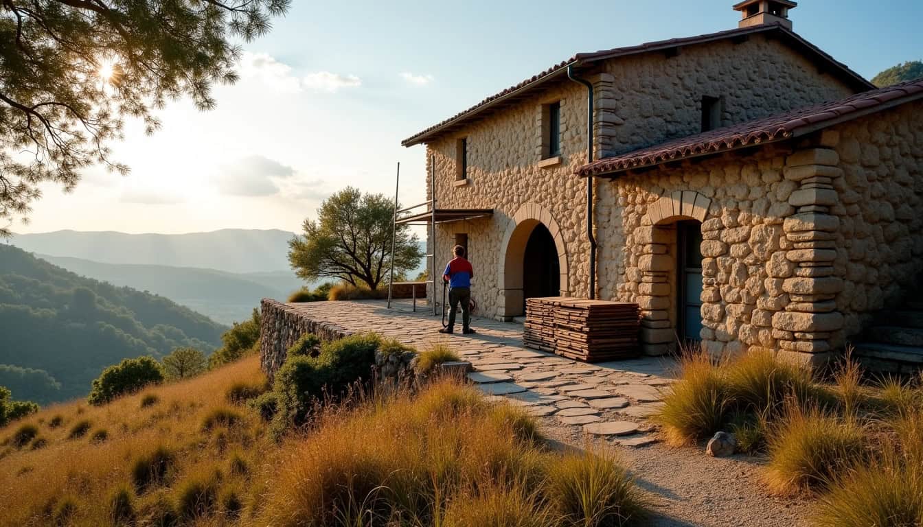Ancienne ferme en pierre en cours de rénovation dans les Monts d’Ardèche