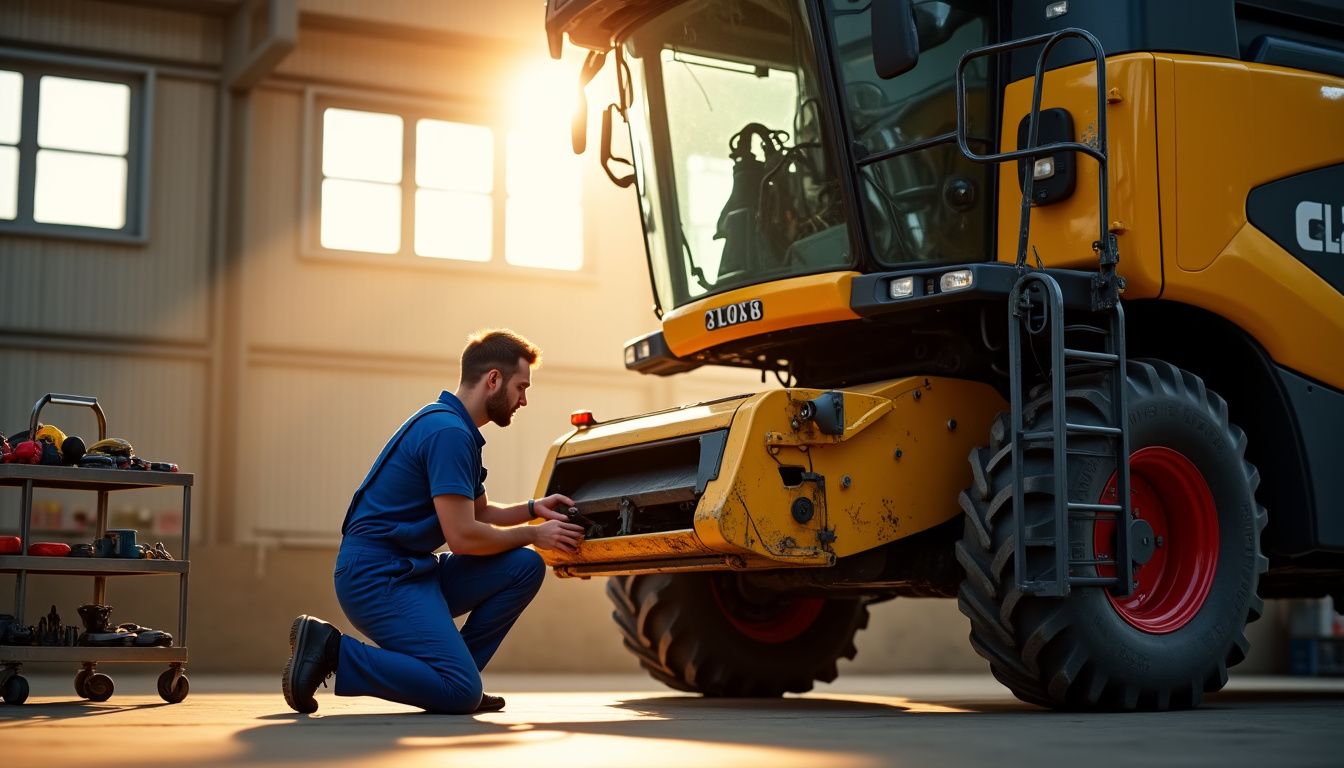 Technicien en train d’inspecter le moteur d’une Claas Dominator 208 d’occasion