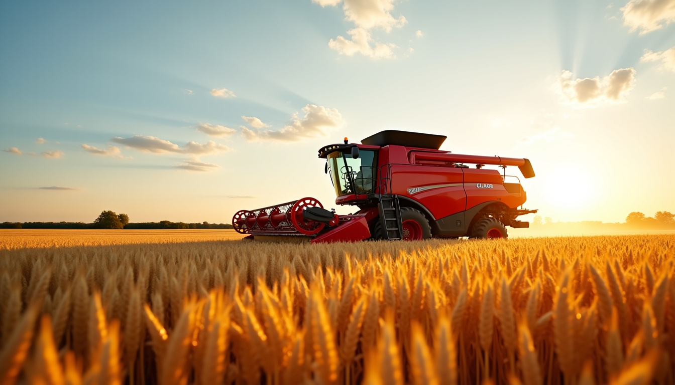 Claas Lexion 8900 en activité dans un champ de blé, vue latérale montrant les chenilles et la cabine panoramique