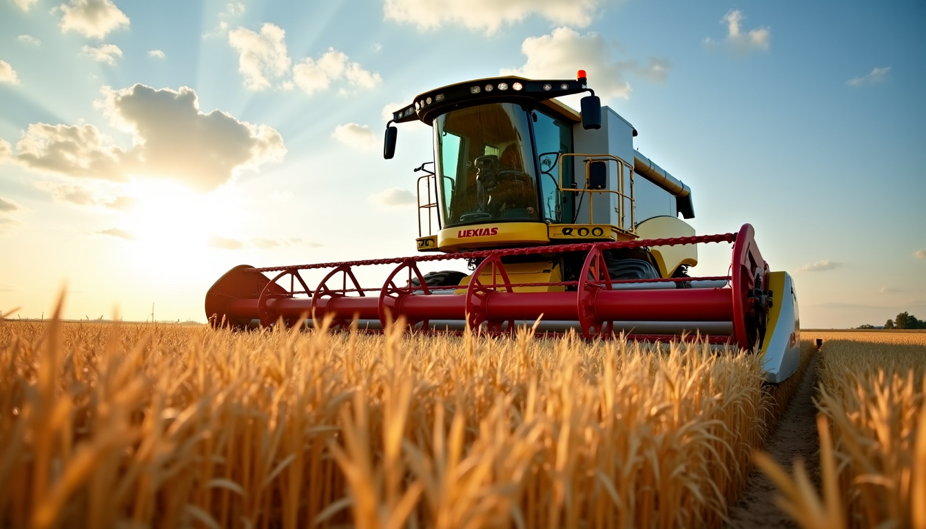 Claas Lexion 8900 en activité dans un champ de blé, vue latérale montrant les chenilles et la cabine panoramique