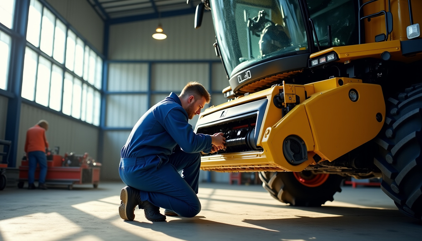 Technicien en train d’effectuer une maintenance sur le moteur d’un Claas Lexion 8900