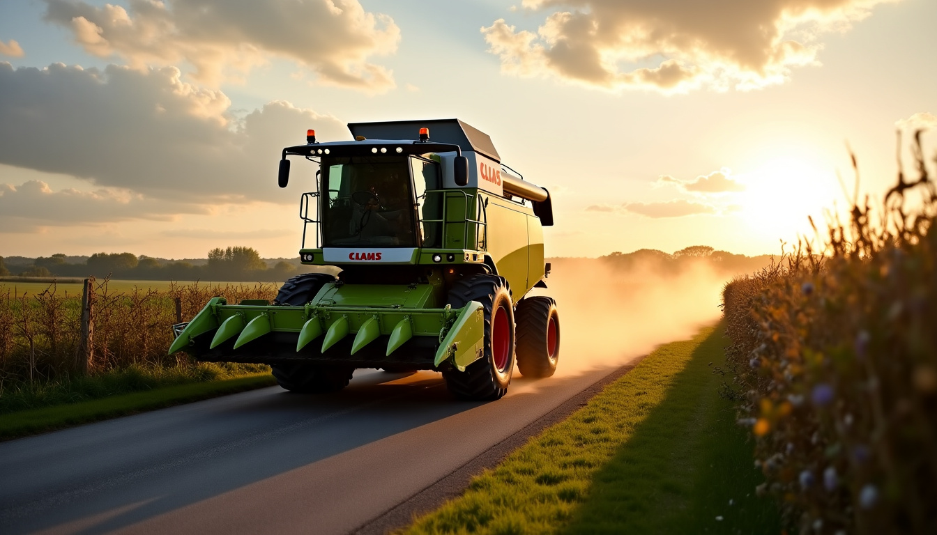 Transport d’un Claas Lexion 8900 sur une remorque spéciale pour franchir une route étroite