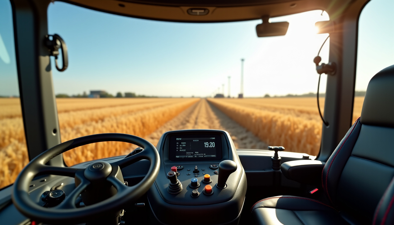 Intérieur de la cabine de la Claas Trion 530 avec l'opérateur aux commandes