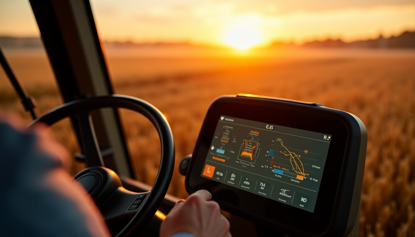 Écran couleur CEBIS de la Claas Tucano 570 affichant les données de récolte en temps réel: débit, rendement, régime moteur