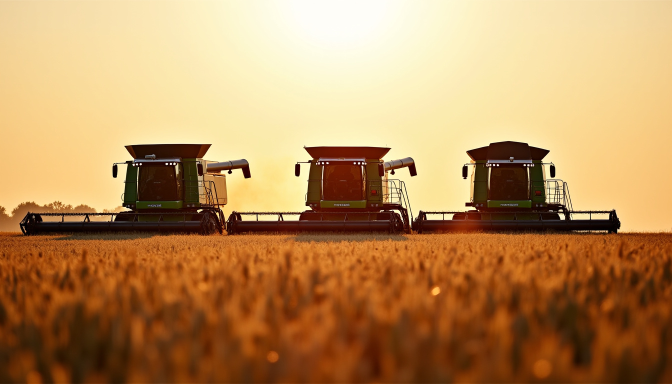 Comparaison en champ de plusieurs moissonneuses batteuses dont une John Deere T660 HM, une CLAAS Lexion 750 et une New Holland CR10.90