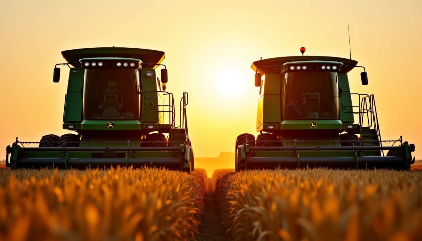 Comparaison visuelle entre une John Deere T 560 HM et un modèle plus récent de moissonneuse-batteuse John Deere, mettant en évidence les évolutions technologiques