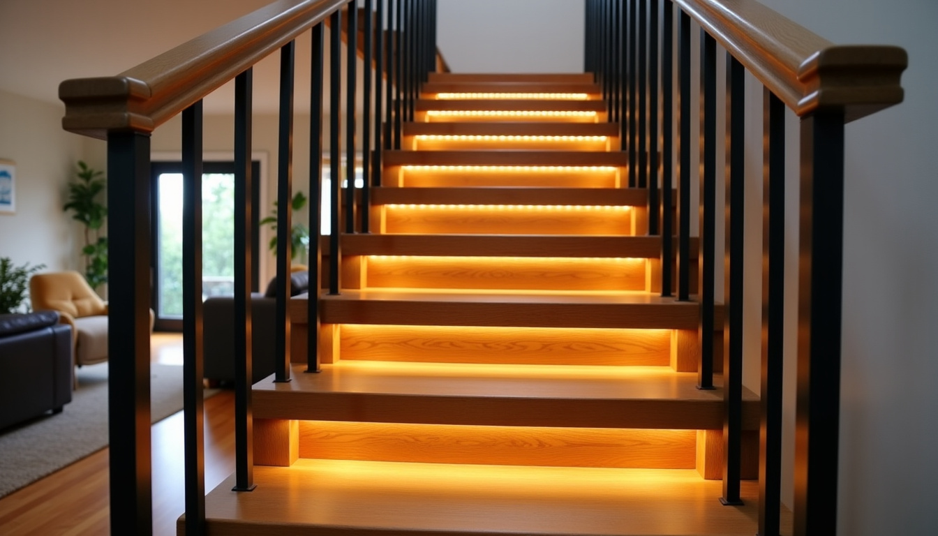 Escalier en bois rénové avec éclairage LED intégré et balustres modernes