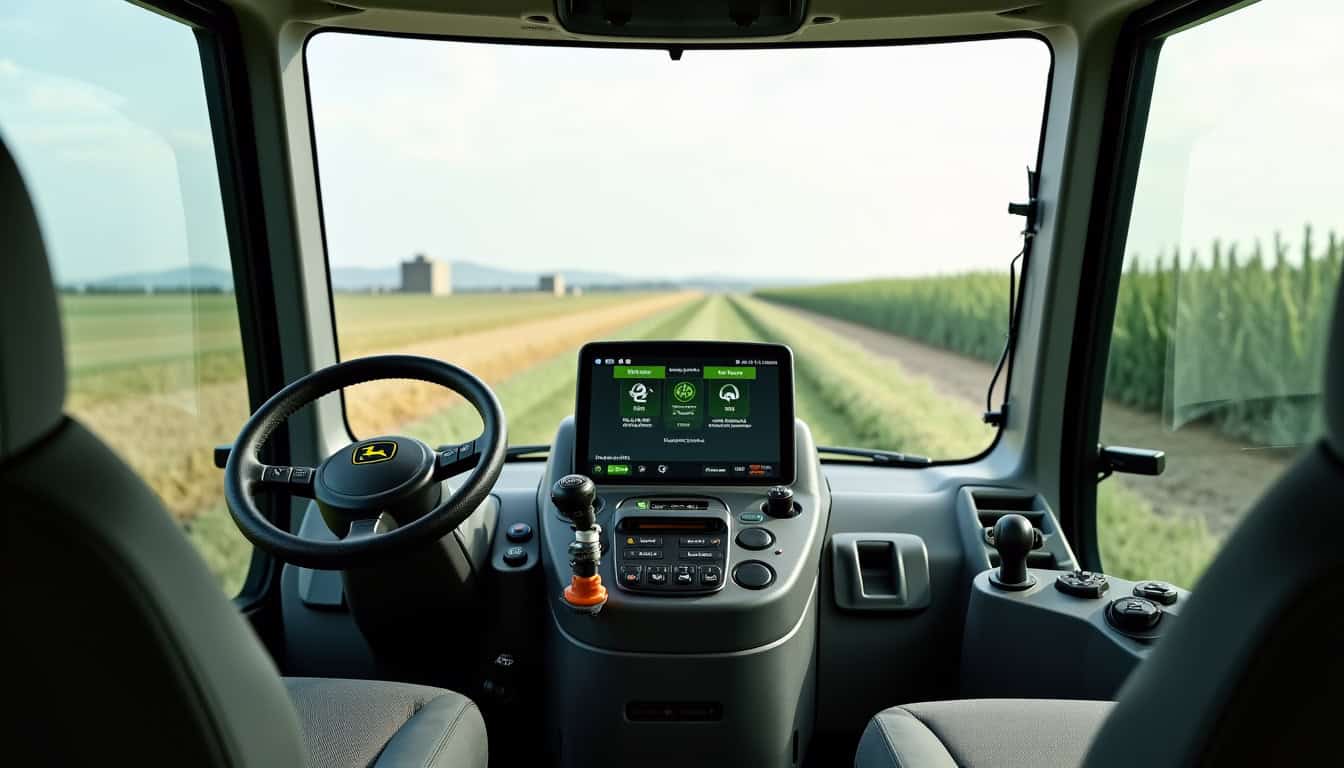 Intérieur de la cabine de la John Deere T 560 HM avec écran de contrôle, montrant les systèmes d’aide à la conduite et de gestion de la récolte