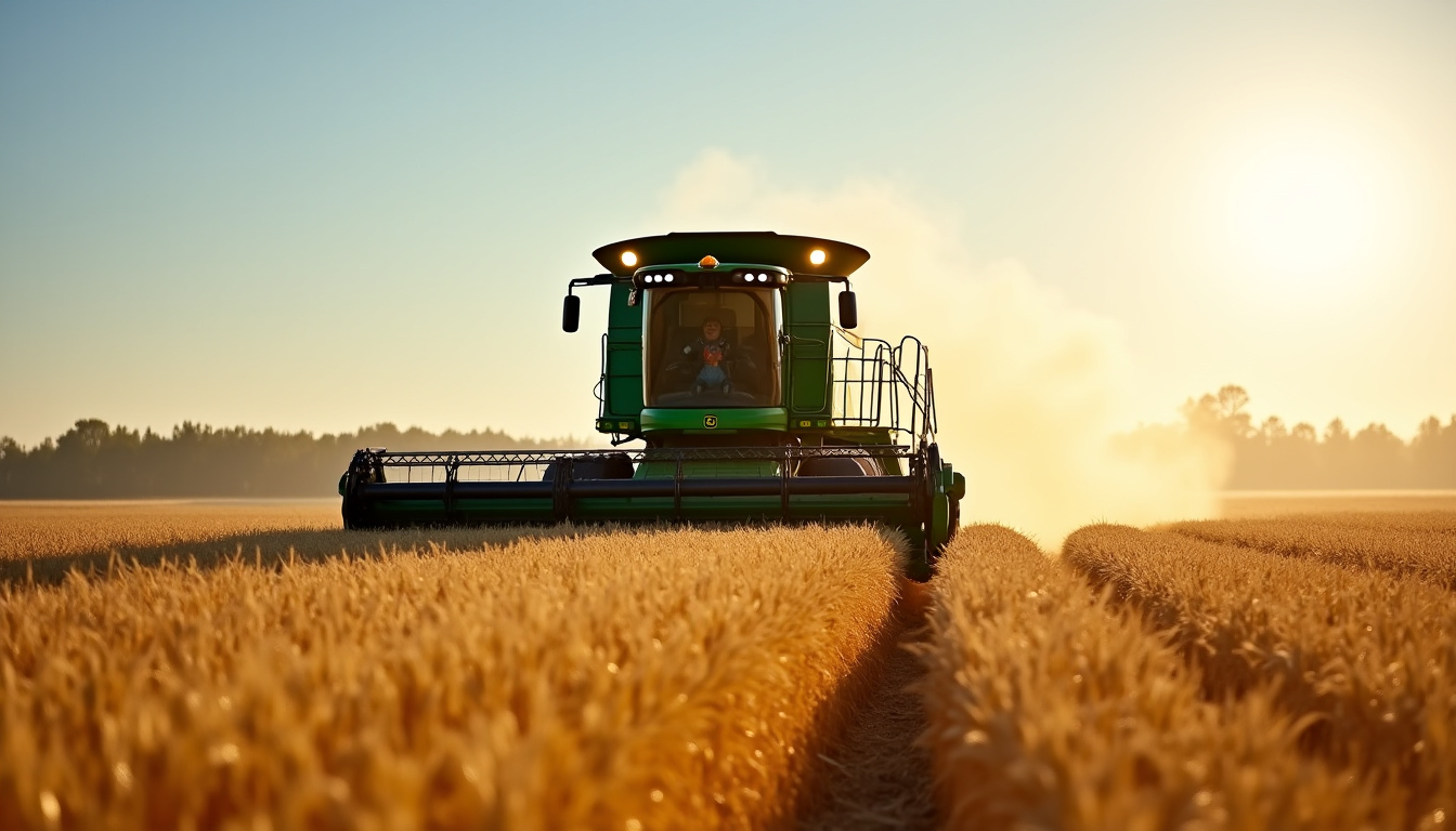 John Deere S770 en action dans un champ de céréales, montrant son fonctionnement en conditions réelles