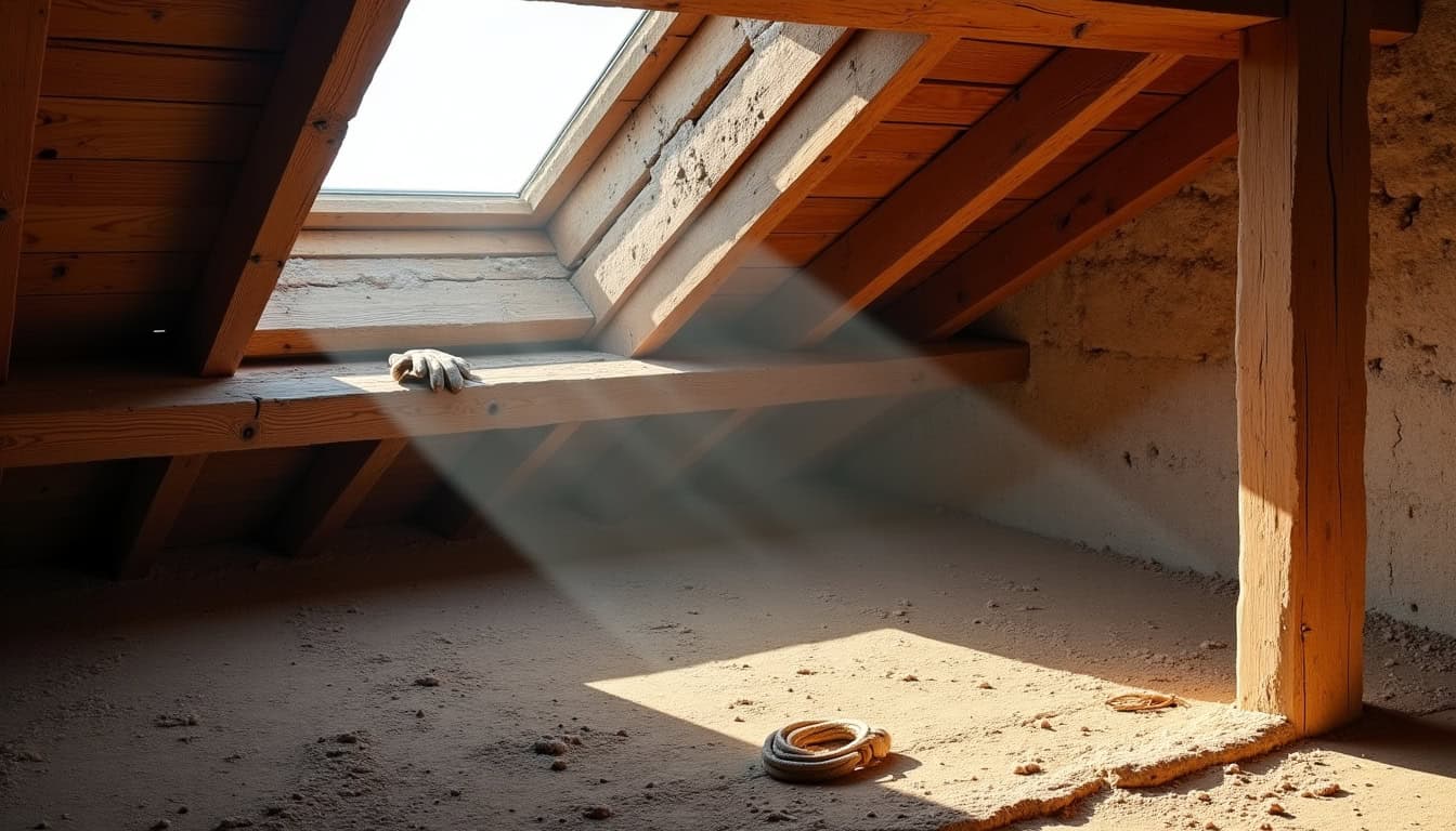 Maison ancienne en cours de rénovation à Vogüé avec charpente apparente
