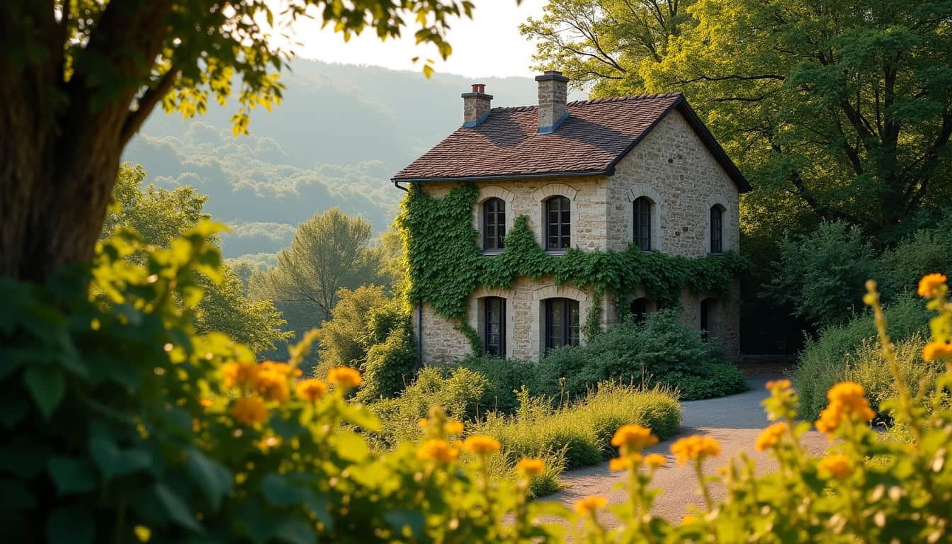 Maison ancienne en pierre entourée de verdure dans un village de l