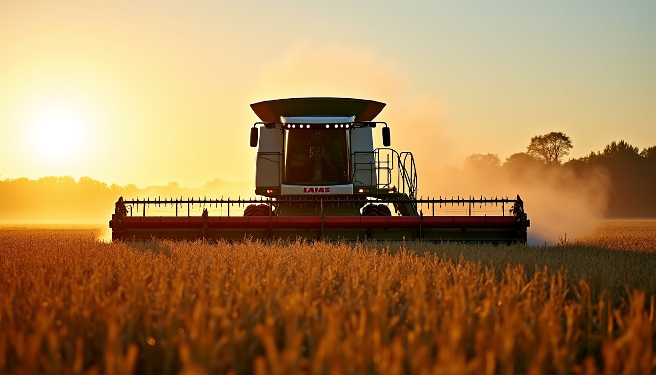 Moissonneuse-batteuse Claas Lexion 740 en action dans un champ, avec des épis de maïs et une large barre de coupe déployée
