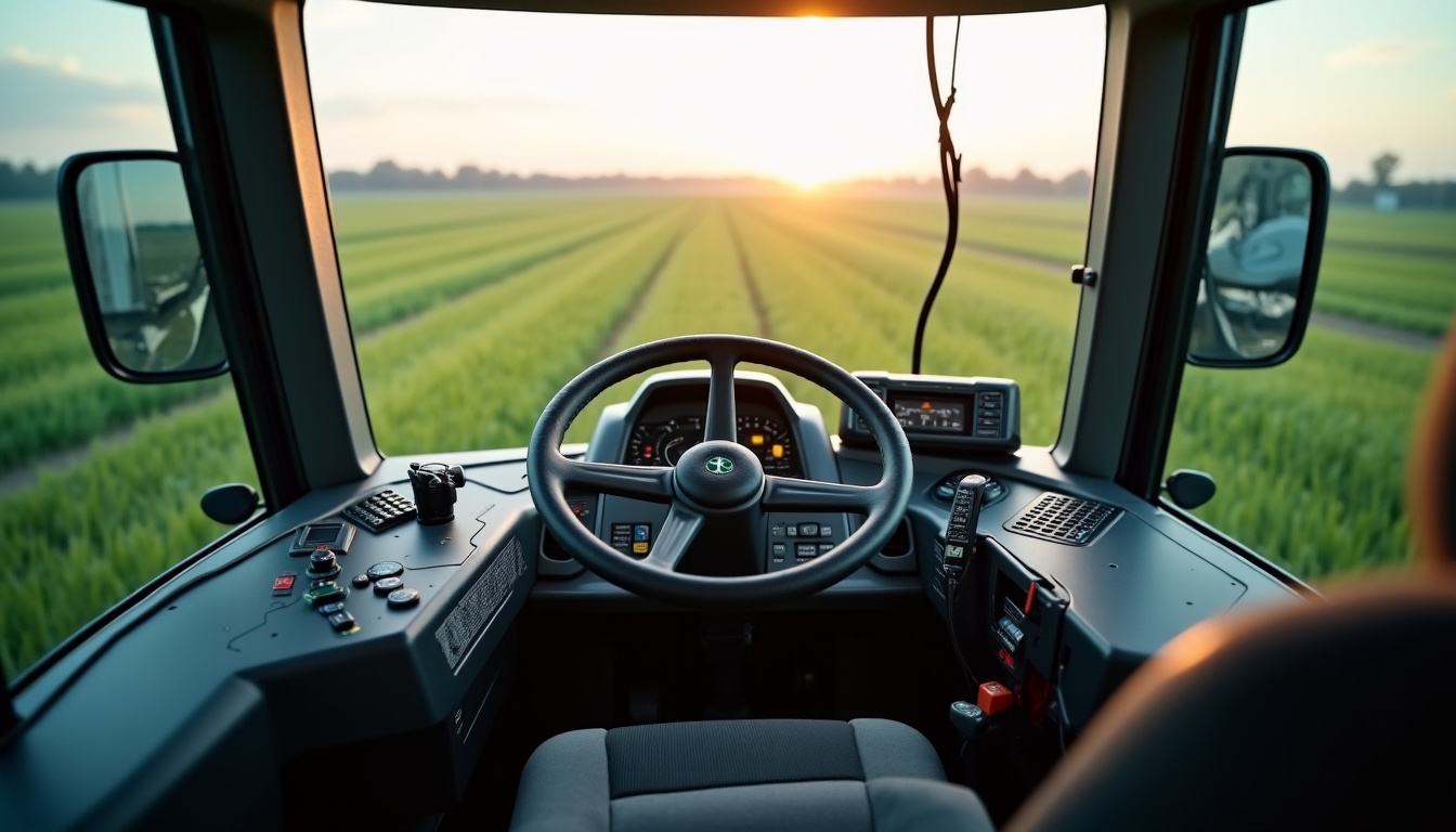 Intérieur de la cabine de la moissonneuse-batteuse Deutz-Fahr 6095 HTS montrant les commandes et le poste de conduite