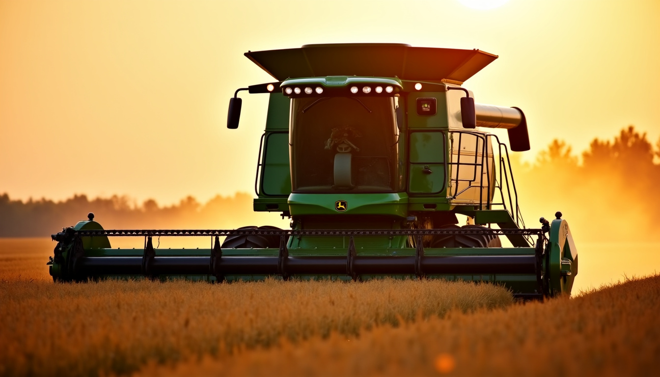 Moissonneuse-batteuse John Deere T550 en action dans un champ de blé, affichant sa largeur de coupe