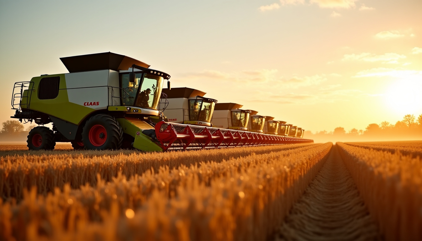 Parc de machines agricoles avec plusieurs Claas Lexion 540 alignées, prêtent pour la moisson