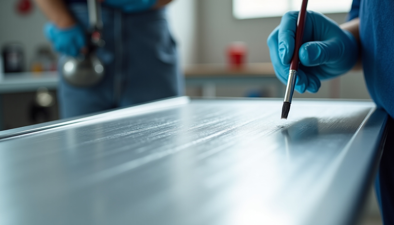 Application de peinture sur une surface en aluminium à l’aide d’un pistolet et d’un pinceau