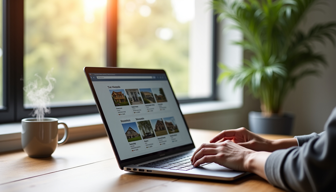 Personne utilisant un ordinateur pour rechercher une maison à vendre en ligne