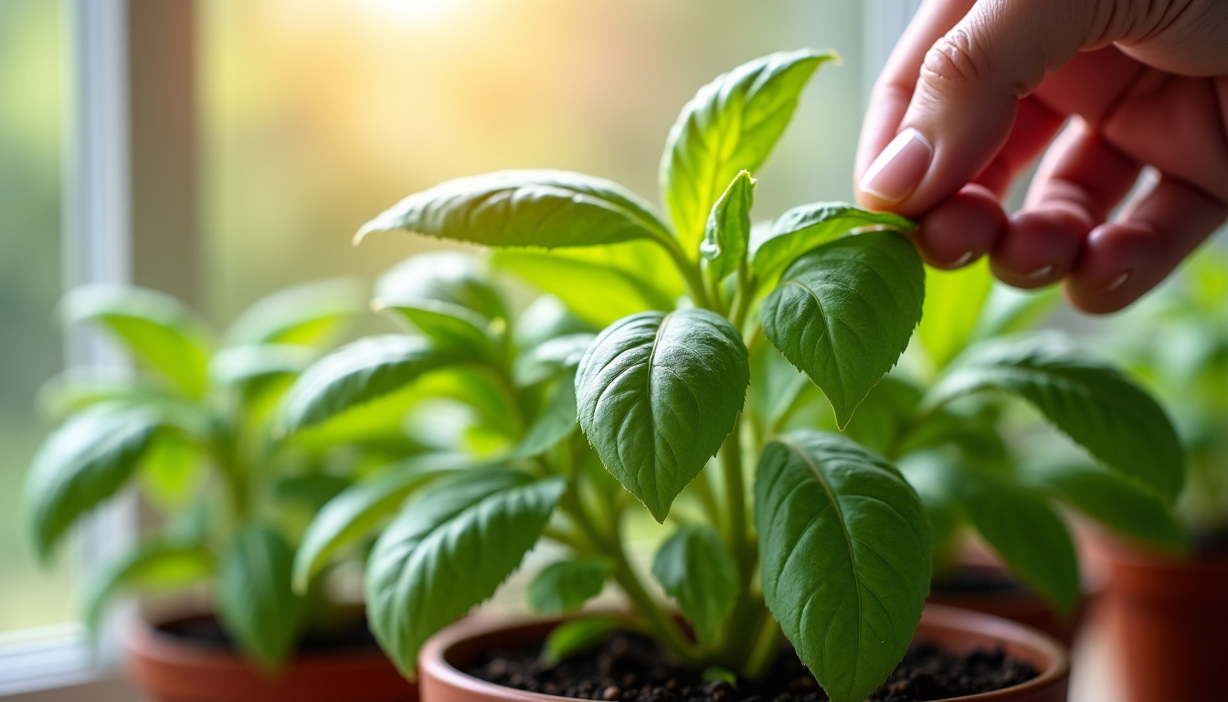 Taille et récolte des feuilles de basilic sur un plant en pot