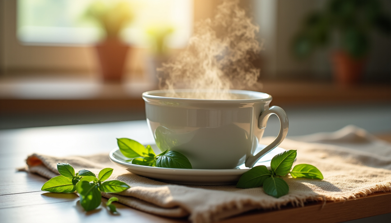 Tisane de basilic dans une tasse avec des feuilles fraîches à côté