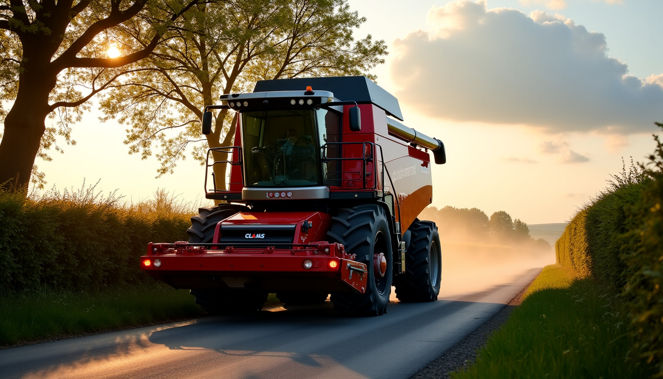 Transport d’un Claas Lexion 8900 sur une remorque spéciale pour franchir une route étroite