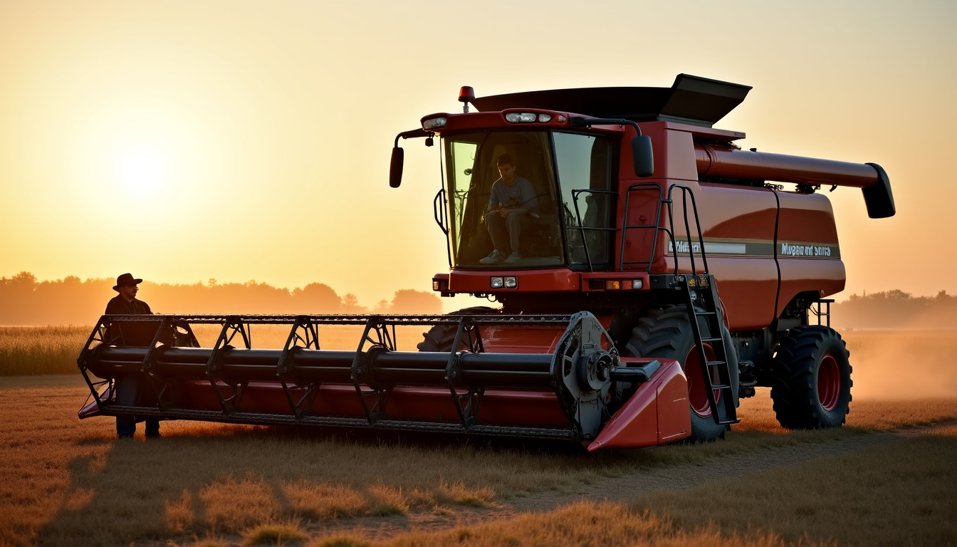 Vue d’une moissonneuse-batteuse d’occasion exposée dans un parc de machines agricoles