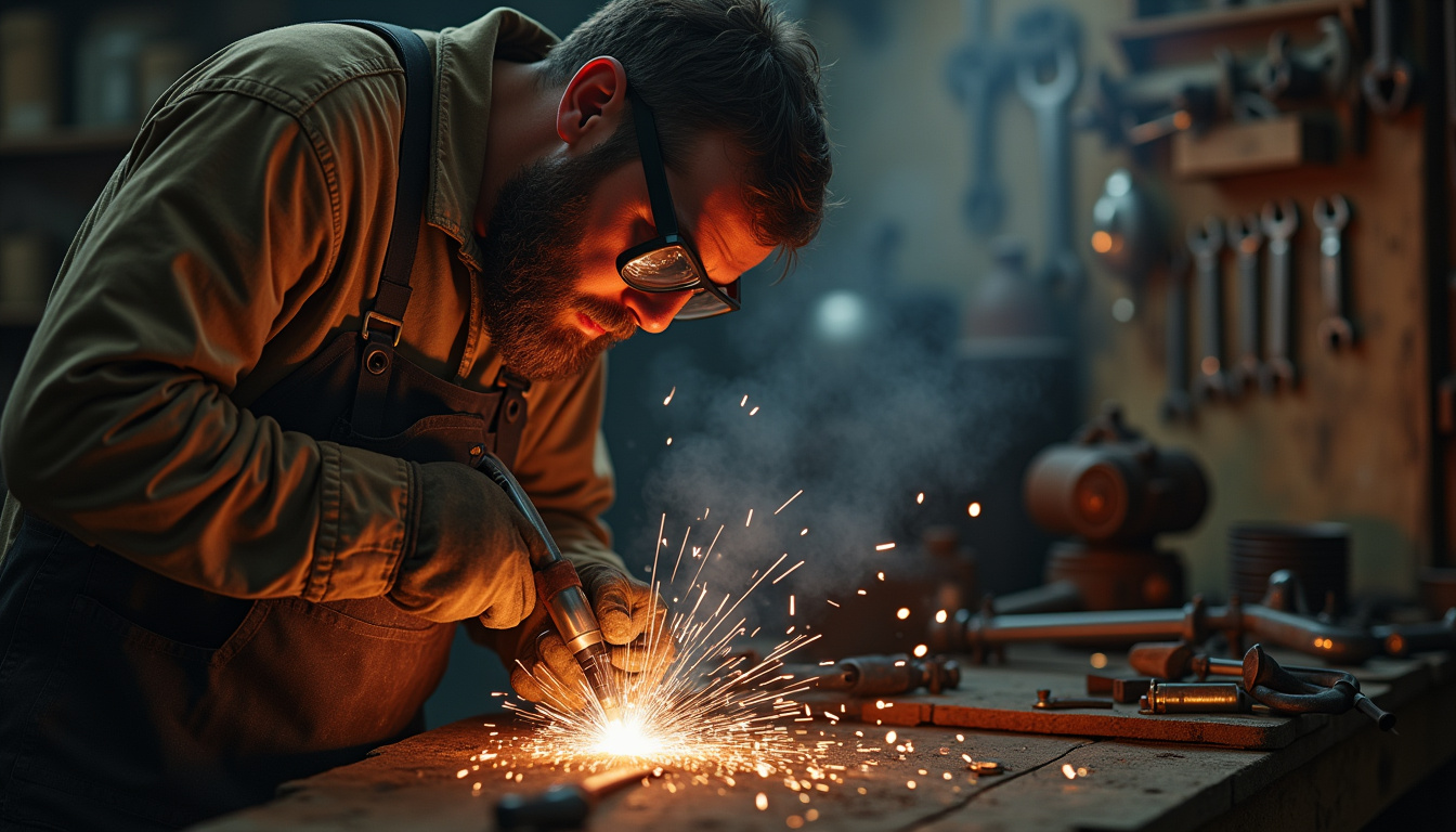 Agriculteur utilisant un poste à souder MMA dans un atelier agricole