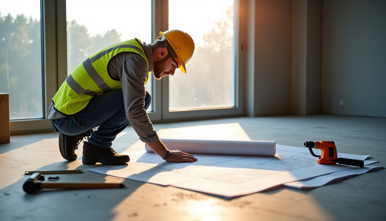 Artisan professionnel en train de préparer un chantier de rénovation, avec un plan et des outils