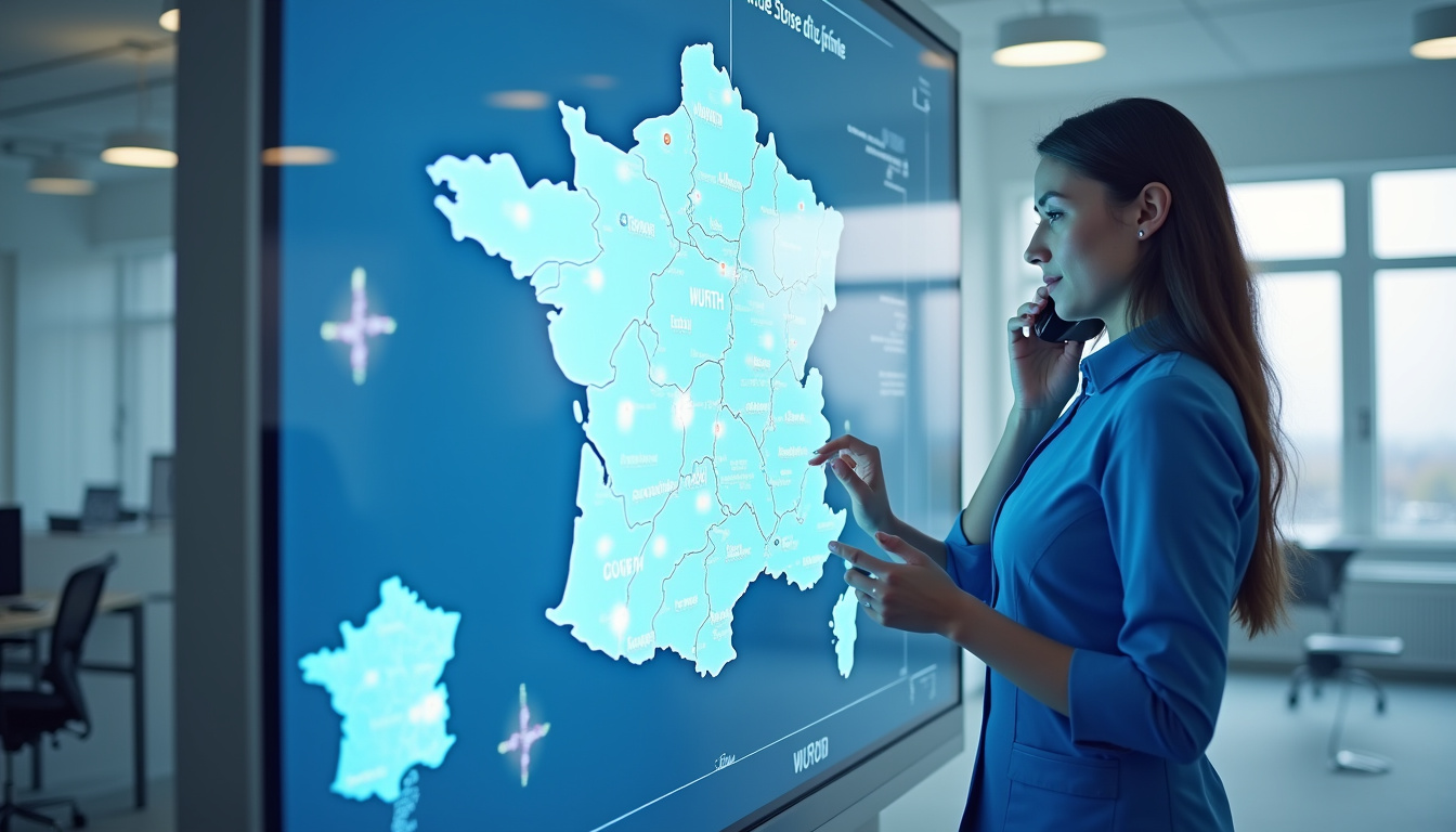 Carte de France montrant les points de vente Würth et un employé en uniforme au téléphone