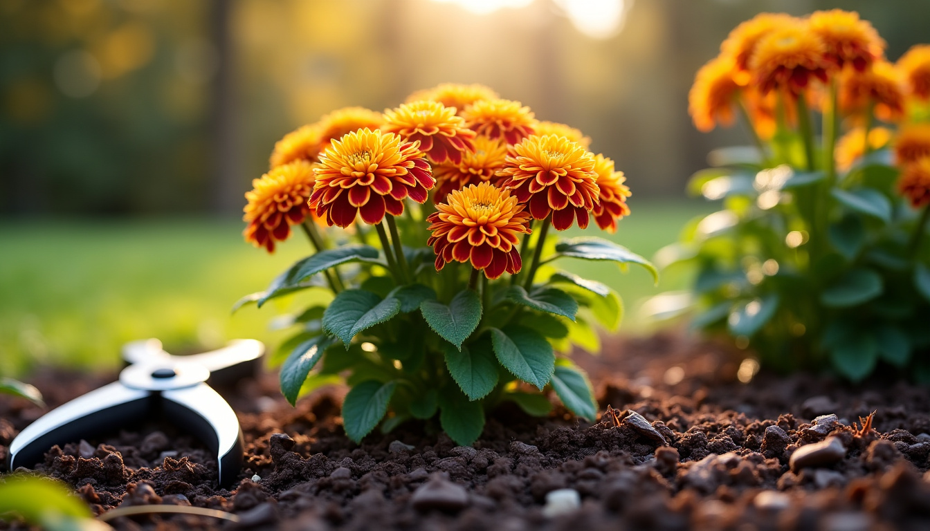 Entretien d’un chrysanthème en pleine terre avec taille et paillage
